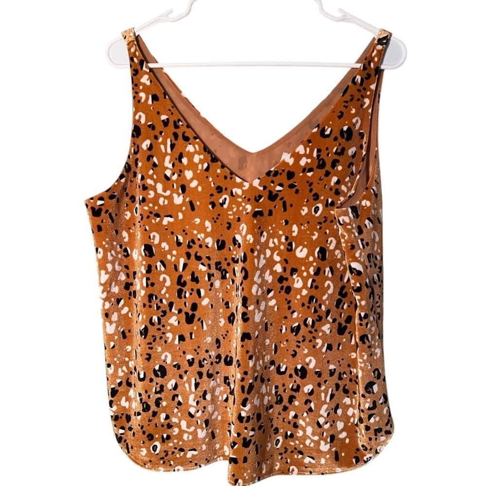 Loft Women's Size Medium Sleeveless V-Neck Top‎ Velour Velvet Tan Animal Print